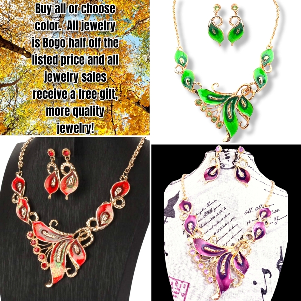 Gold plated Red green purple sparkly crystal feather necklace earrings sets